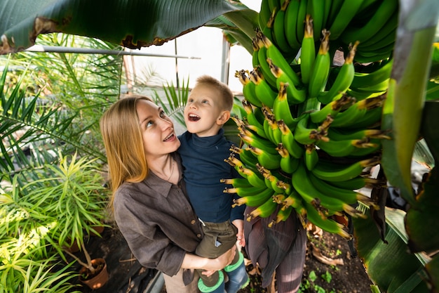 Mom and son look at the banana tree in surprise