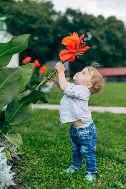 Mom and son watching flowers