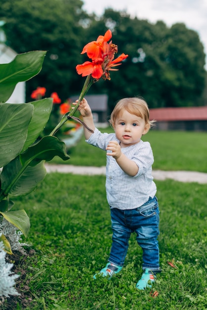 Mom and son watching flowers