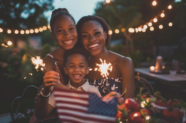 Mom and son with sparklers American flag on table evening BBQ scene