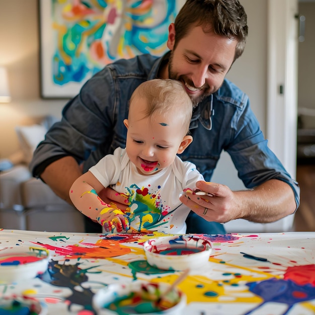 Mom teaching baby to paint colorful mess