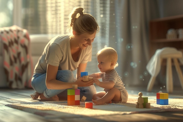 Mom teaching her baby to stack blocks