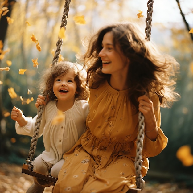 Mom with a little daughter swing on a swing and laugh merrily in the autumn forest active lifestyle