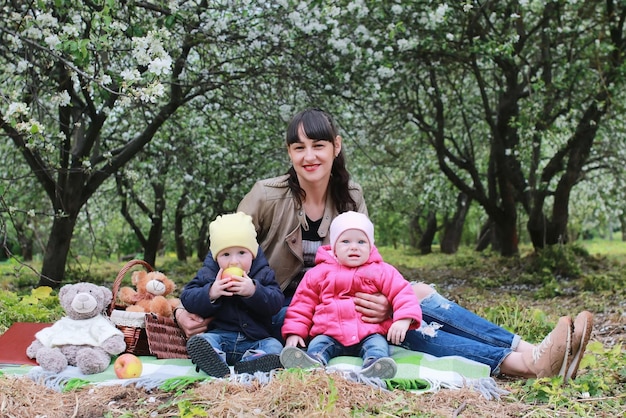 Mom with twins on plaid outdoor in apple garden