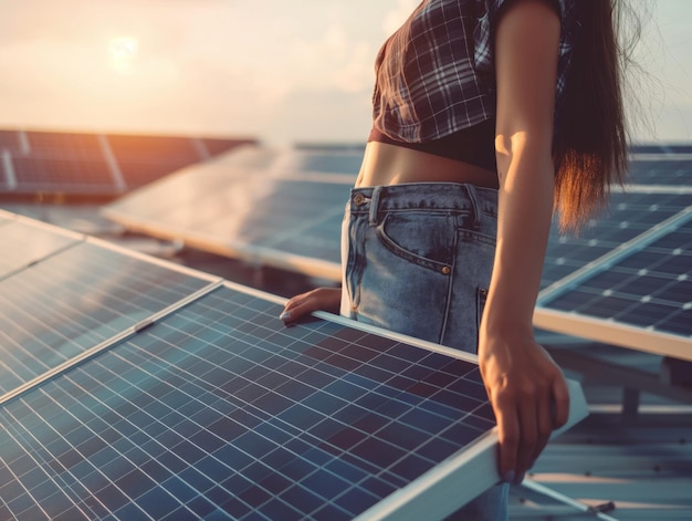 Moman holding photovoltaic solar panel on the roof with photovoltaics panels