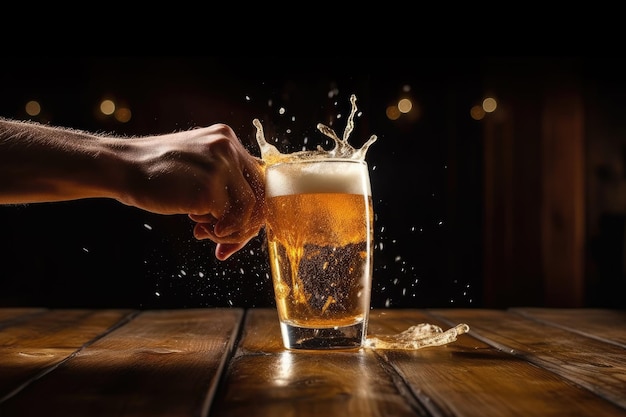 The moment of clinking beer glasses over a wooden table Generative AI