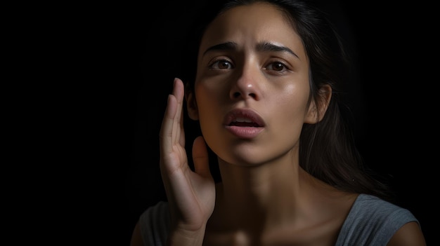 Moment of deaf person communicating using sign language on black background