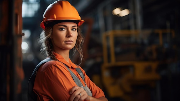 A moment in the life of a woman breaking stereotypes clad in orange and a hard hat with machinery in soft focus