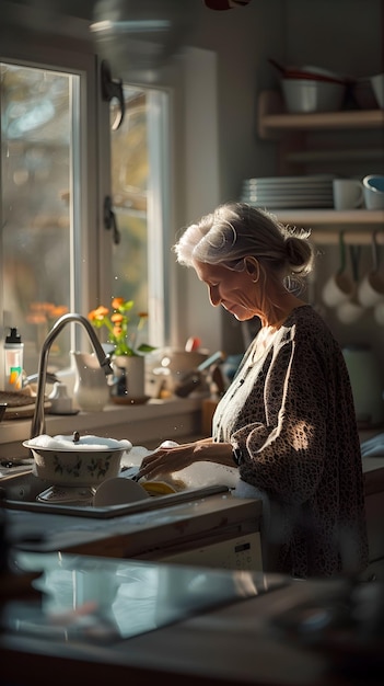 A Moment of Mindfulness Finding Calm in Everyday Chores While Washing Dishes in a Serene Kitchen