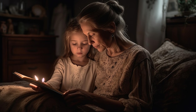 A moment of a mother and child cuddled up together reading a book Mother's Day