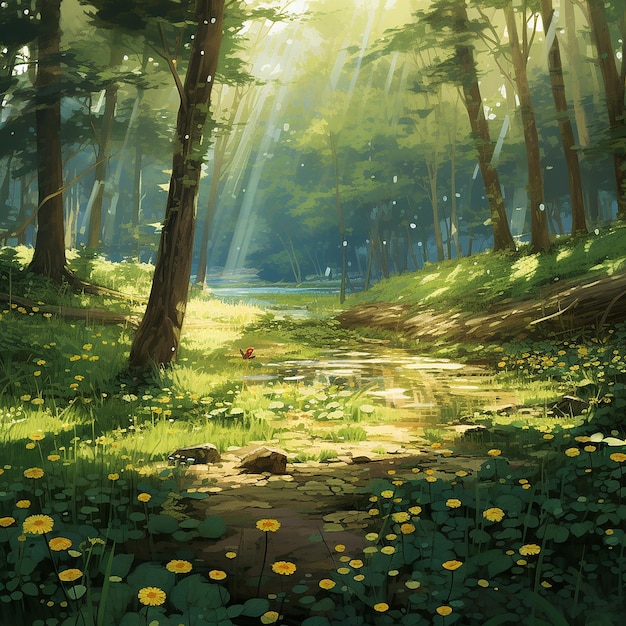 A moment of sunlight falling on the green forest