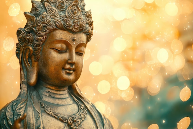 Photo a moment of tranquility the bodhisattva avalokiteshvara gazes serene amidst a shimmering golden glow