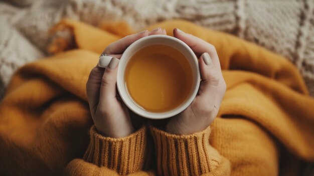 Photo a moment of tranquility warm tea and a cozy blanket