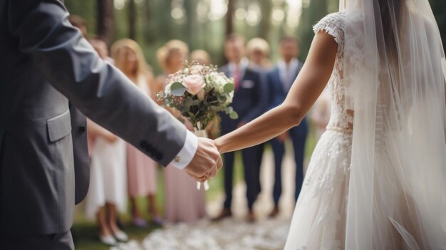 moment in wedding bride and bridegroom holding hand