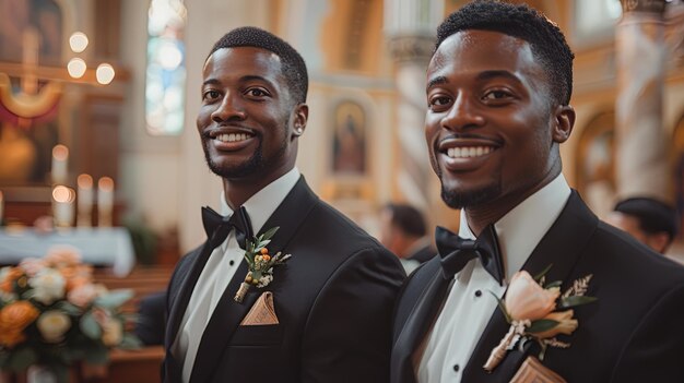 Momentous occasion as two groomsmen step out of the altar symbolizing friendship and support f