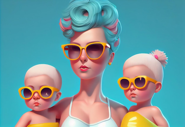 Mommy and Girls in swimsuits with a towel on hair and sunglasses 3d illustration Generate Ai