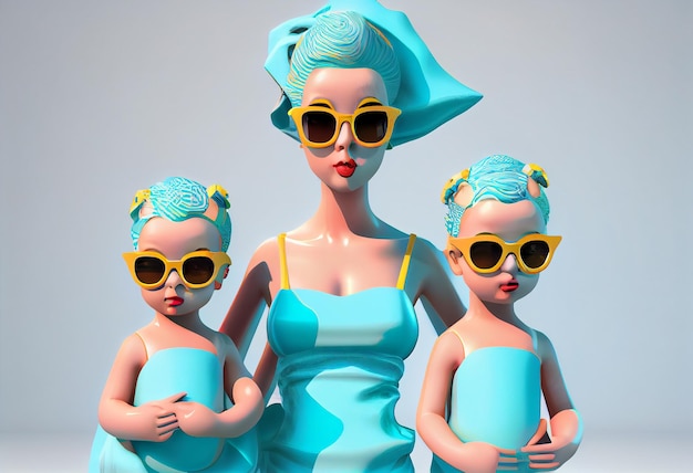 Mommy and Girls in swimsuits with a towel on hair and sunglasses 3d illustration Generate Ai