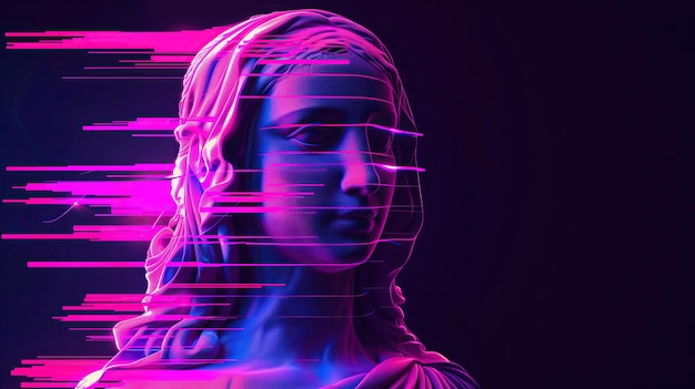 mona lisa abstract bust with digital glitch vhs lines effect in purple hues on dark background