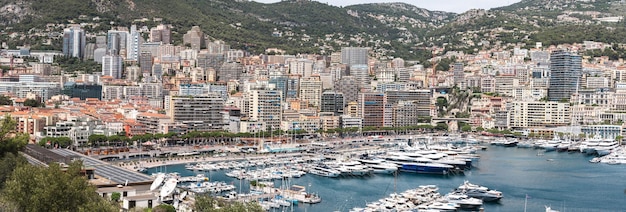 Monaco Monaco City June 05 2023 Panoramic view of the city of Monaco from the marina