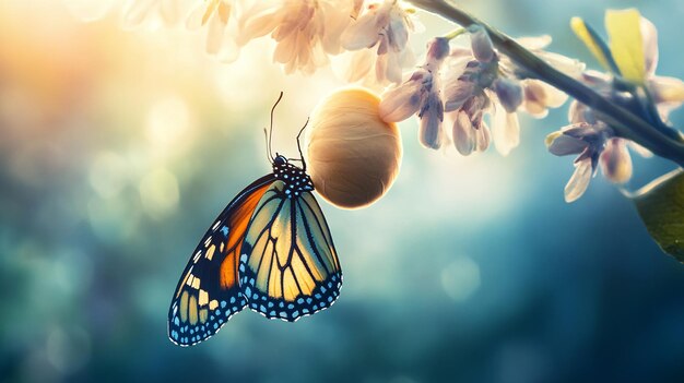 Monarch butterfly emerging from chrysalis on blooming branch