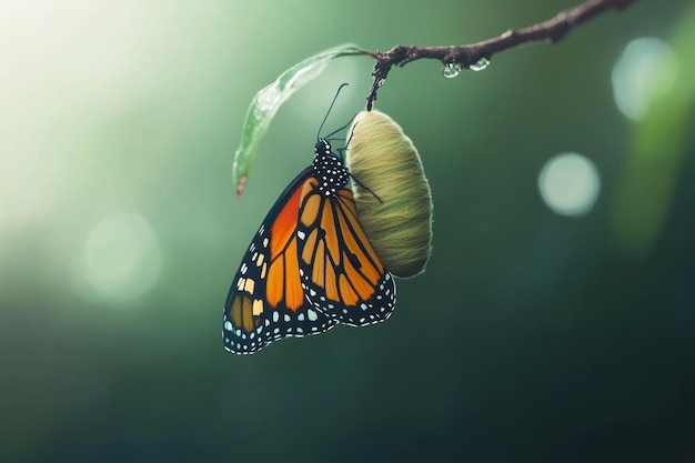 Photo monarch butterfly emerging from chrysalis on a branch