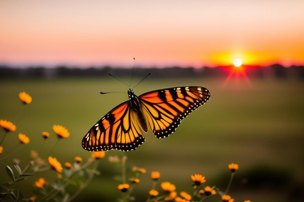 A monarch butterfly flies over a field of flowers at sunset.