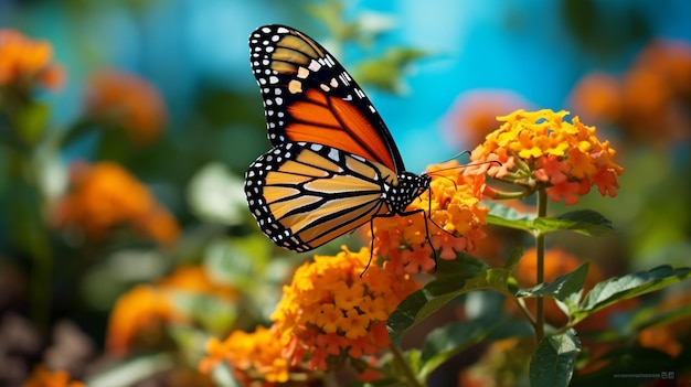 a monarch butterfly is on a flower with the blue sky in the background