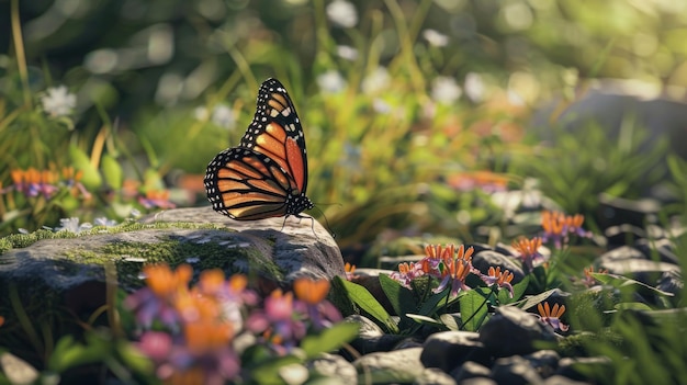 Monarch Butterfly Perched on a Rock Amidst Wildflowers