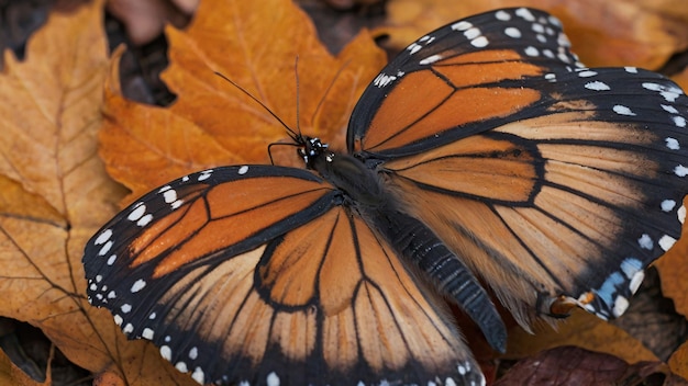 Monarch butterfly resting on autumn leaves