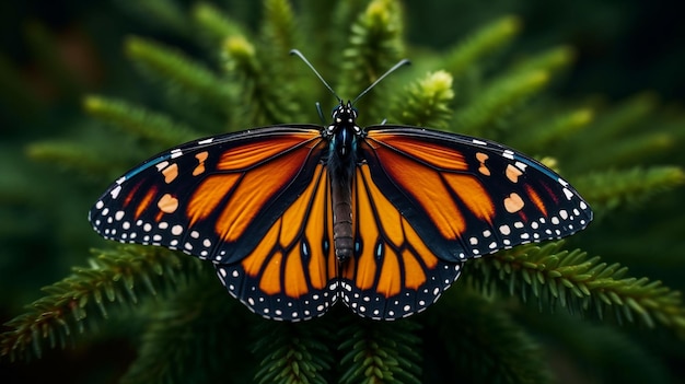 A monarch butterfly sits on a plant with its wings spread out Generative AI