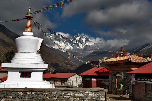 Monastery complex of Tengboche in Nepal with a view of Mount Everest and Lhotse