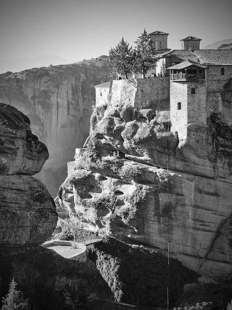 The Monastery of Varlaam in Meteora in Greece. Black and white photography, greek landscape