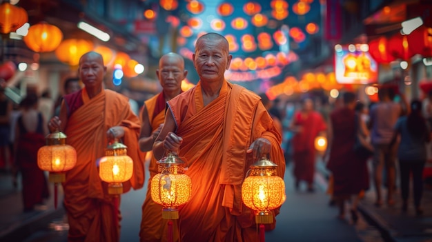 Monastic Procession with Illuminated Lanterns Amidst Evening Market Ambiance Cultural Tradition