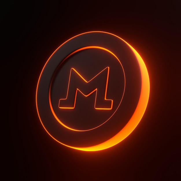 Monero token with bright glowing futuristic orange neon lights on black background 3D render