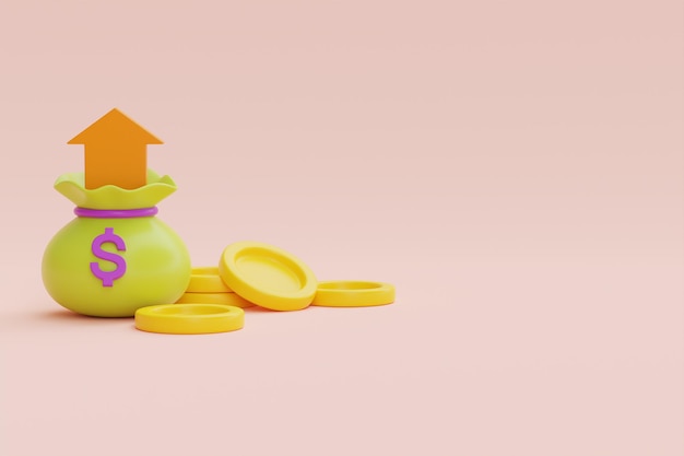 Money bag with golden coins stack on pastel background money saving concept 3d rendering