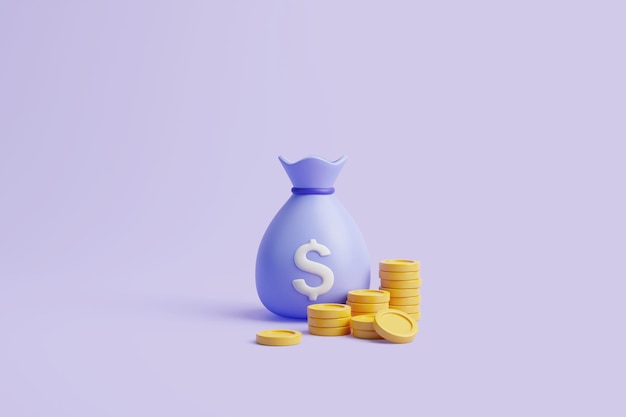 Money bag with white dollar sign and pies of gold coins on purple pastel background 3D render