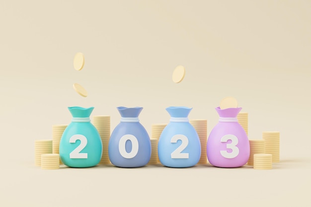 Money bag with year 2023 on background Save money and investment concept 3d render illustration