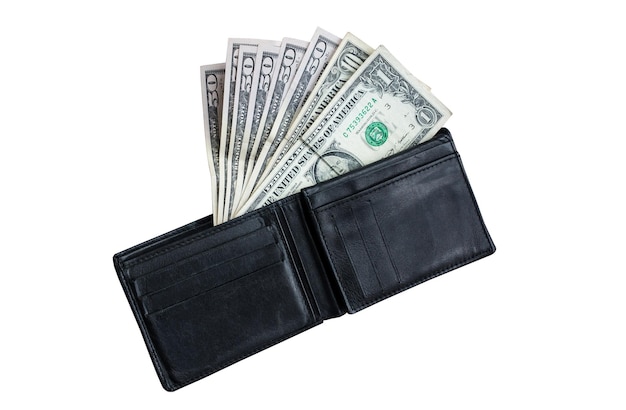 Money in the black leather wallet isolated on white background. Time to go shopping and buy things. Money addicted shopaholic.