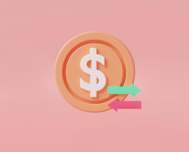 Money cashback concept Money refund with arrow icon isolated on pink background cashback online payment money transfer Coin dollar Business finance money digital 3d render illustration