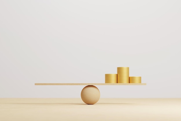 Money coin stack on wood scale seesaw and copy space Save money and investment Compare balance concept 3d illustration