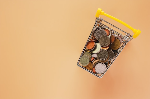 Money and coins in mini shopping cart or trolley on beige color background