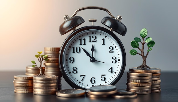 Money coins with retro alarm clock and tree Return on investment deposit growth of income