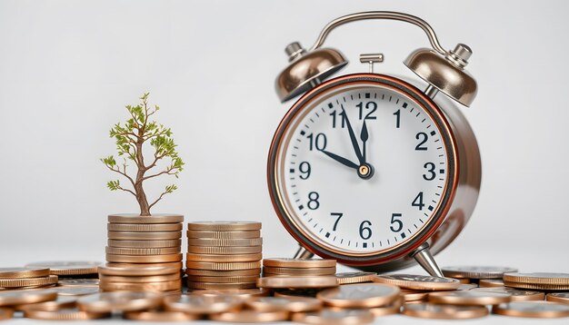 Money coins with retro alarm clock and tree Return on investment deposit growth of income