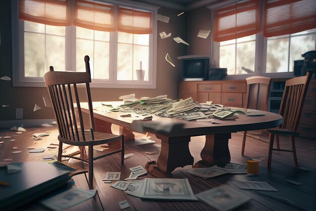 Money and documents fly around the apartment in the dusk scattered on the table and on the floor Generative AI