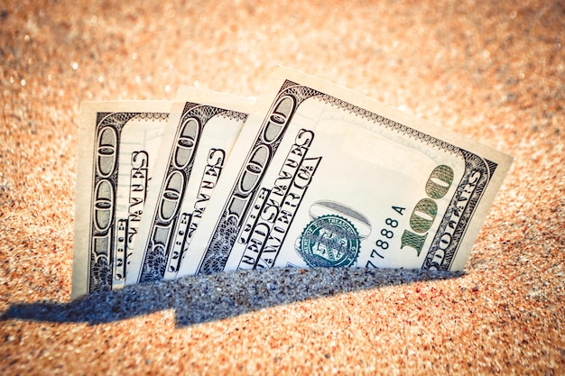 Money dolars half covered with sand lie on beach closeup money grows out of the ground dollar bills