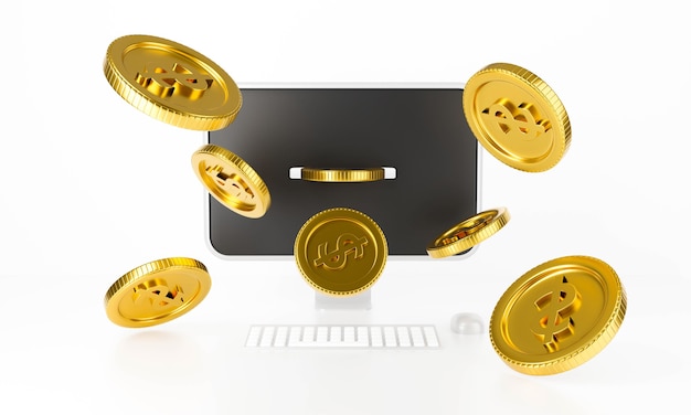 Money dollar coins splash with computer pc. 3d render of online bank.