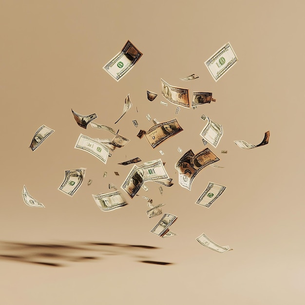 money falling and flying around on an otherwise beige background