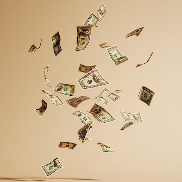 money falling and flying around on an otherwise beige background