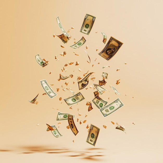 Photo money falling and flying around on an otherwise beige background