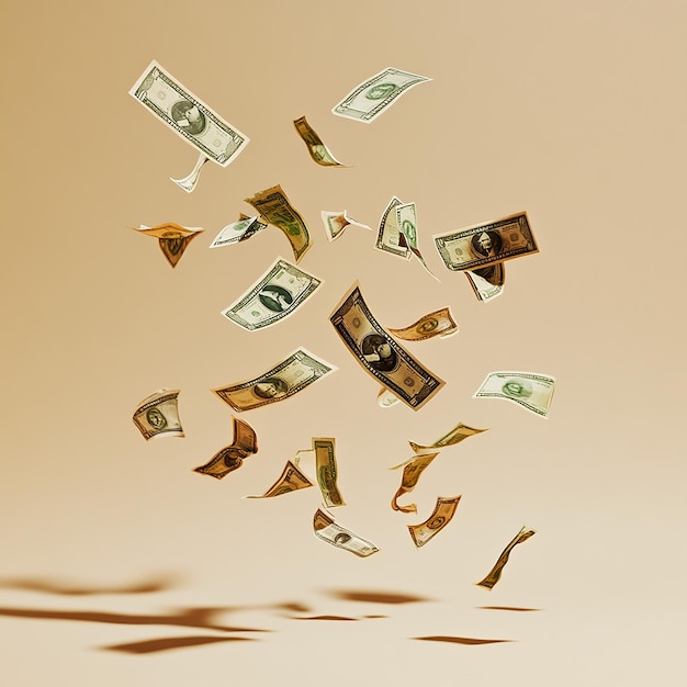 money falling and flying around on an otherwise beige background